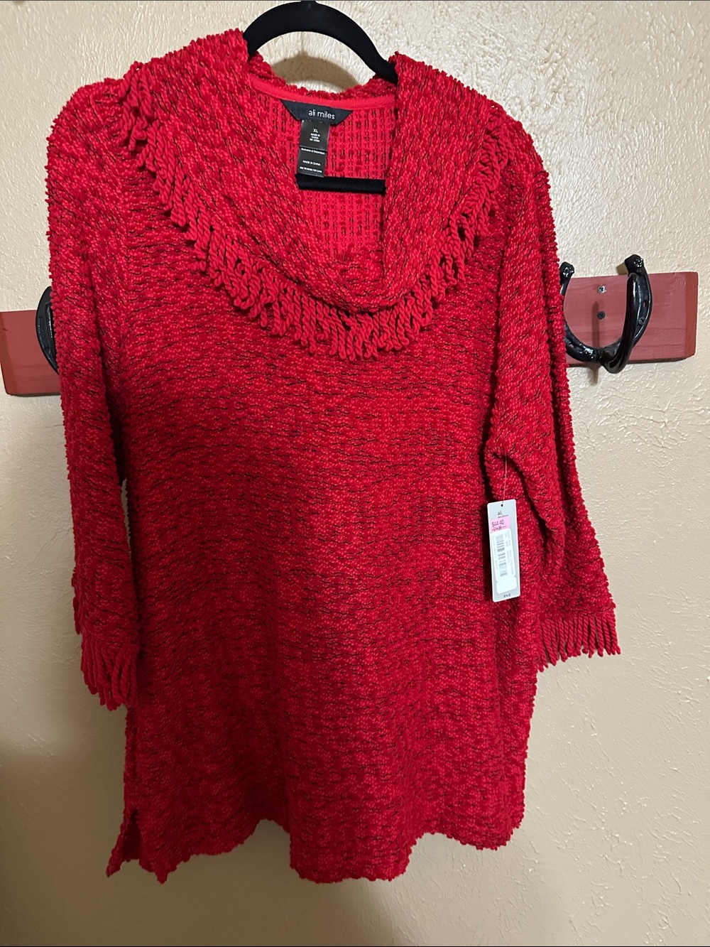 Ali Miles Red Fringe Cowl-Neck Sweater Tunic